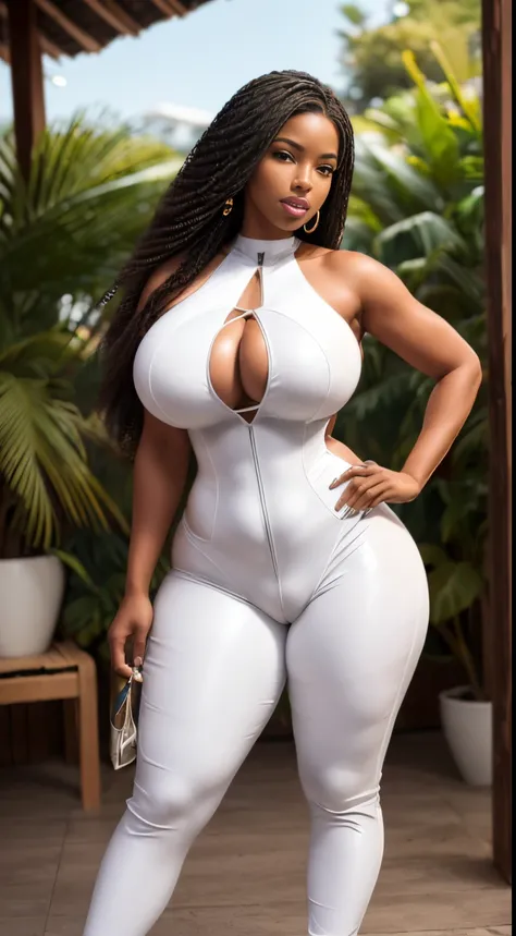 (melhor qualidade,4k,8k,alta resolução,masutepiece:1.2), (Emily is a black woman, ebony skin) , (BBW MILF), (30 anos), (bunda enorme: 1,9),  afro hair, (seios grandes: 1,9), caminhando na praia, (sexy shiny white leather swimsuit costume), (bota branca), (...