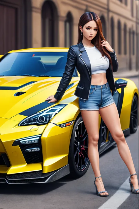 (masterpiece), (highly detailed), (8k, Highres), (detailed beautiful face), hyper realistic photo of woman standing next to a Nissan GTR, hyper realistic, masterpiece, high quality, hd quality, best quality, 8k UHD --auto --s2