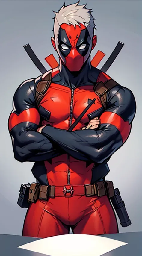 Very serious Deadpool with arms crossed looking at the viewer with gray background