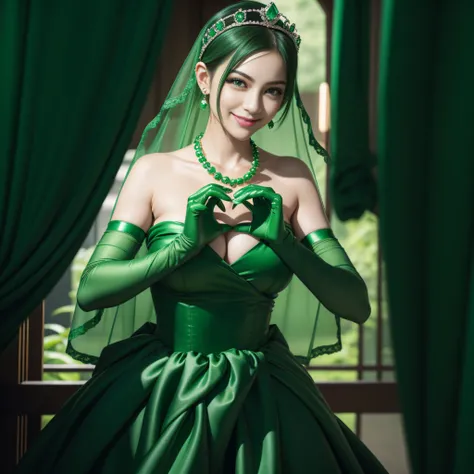 emerald tiara, Green Pearl Necklace, Boyish very short green hair, lipsticks, Japan woman smiling, very short short hair,  big breasts beautiful, Green eyes, Long green gloves made of satin material, Green eyes, Emerald Earrings, green vale, Heart with bot...