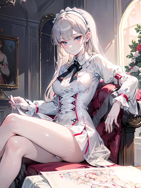 Florence Nightingale, (ballet clothes), sitting in a chair, smiling at the camera, white formal shirt, loose collar buttons, nipple bumps, long loose hair, (delicate illustrations: 1.4), (Renaissance art: 1.4), (ultra high resolution: 1.2), (photorealism: ...