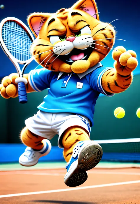 tmasterpiece， Best quality at best， （VerydetailedCG），（8k wallpaper）， （Best quality at best）， （Best Best Illustration），（Garfield is playing tennis），blue tennis uniform