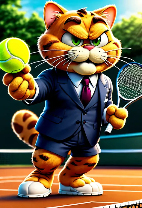 tmasterpiece， Best quality at best， （VerydetailedCG），（8k wallpaper）， （Best quality at best）， （Best Best Illustration），（Garfield playing tennis），Wear a suit suit，With a tie