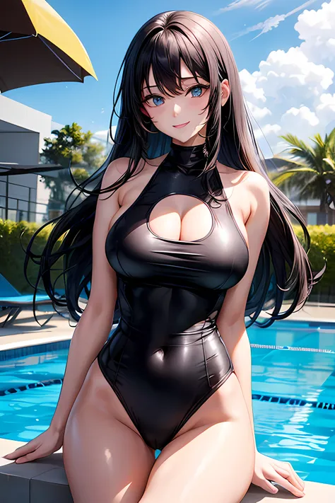 1 woman, long black hair, chest-length cut, blue eyes, friendly smile, big breasts, black one-piece swimsuit, gym pool