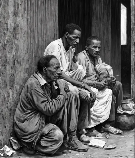 Old painting, difference between rich and poor, black and white painting, rich man next to poor people, 8k, ultra realistic