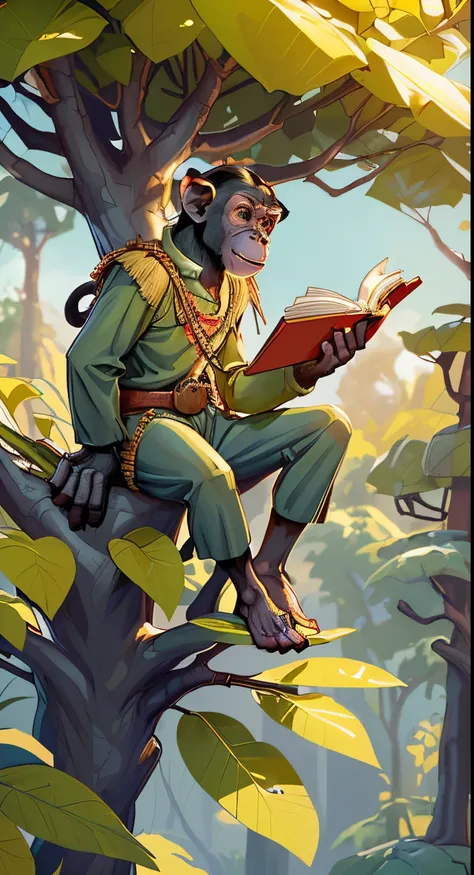 Recreate the image of a young, thin chimpanzee, holding a book in his hand, in a tree. in the style of the civilized apes from the film Planet of the Apes