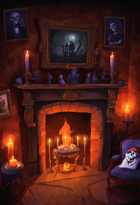 haunted mansion background: creepy, new year, fireplace, sock over fireplace, holiday covered with cobwebs, flickering candles, ghostly phenomena, secret passages, creepy portraits., v3rd, flatee,