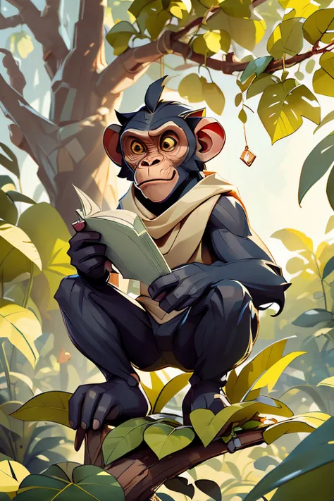 recreate the image of a young, thin chimpanzee, holding a book in his hand, in a tree. in the style of the civilized apes from t...