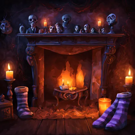 haunted mansion background: creepy, new year, fireplace, sock over fireplace, holiday covered with cobwebs, flickering candles, ghostly phenomena, secret passages, creepy portraits., v3rd, flatee,