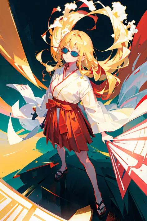 black hair and sunglasses, Drinks in hand, blonde hair accessories, Long hair, Looking Up, Hakama， Cyan background、Red torii gate