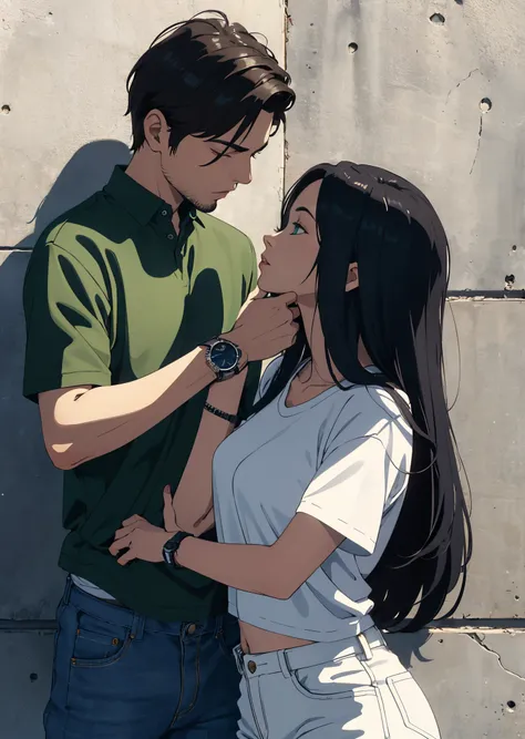 homem de cabelo curto e castanho, wearing a watch, com uma camiseta branca e uma bermuda preta, beijando uma mukher de cabelos lomgos e castanho, who wears white pants, um cropped preto, who is kissing the man, em uma parede de folhas verdes