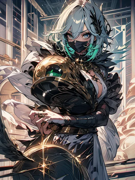 Female, Full Body image, Battle Maid uniform with armor, short hair, green hair, strong, black cross tattoo under each eye, fuzzy hair, looks serious, assasin, mask, mess of hair, aura, toxic, armor