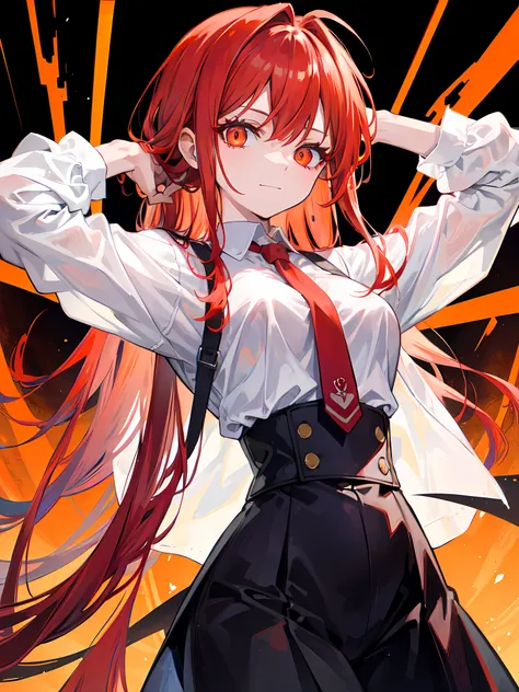 makima (chainsaw man), best quality, ultra detailed, 1girl, solo, standing, red hair, long braided hair, golden eyes, bangs, medium breasts, white shirt, necktie, stare, smile, (evil:1.2), looking at viewer, (interview:1.3), (dark background), from below, ...