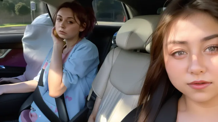 there are two girls sitting in the back seat of a car, sitting in her car, annoying sister vibes, carpool karaoke, looking distracted and awkward, looking scared, 😭 🤮 💕 🎀, very silly looking, driving, charli bowater and artgeem, they are very serious, snap...