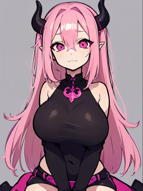 Sexy girl , Long pink hair covering right eye , Horns tail like a mulberry