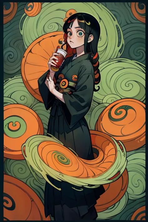 junji ito style, (uzumaki, a bed. "spiral") ha、script:Junji Ito、It is a horror manga series of drawn Japan, Horror illustration, A dark-haired, Drinks in hand, hairaccessories, Long hair, Looking Up, Hakama， Cyan background、Red torii gate