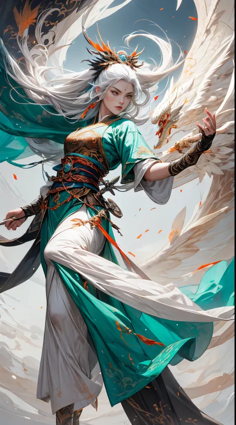 the female warrior has a pair of feather wings，eyes flashing with blue light，sword in hands，(show leg strength)，long white hair，...