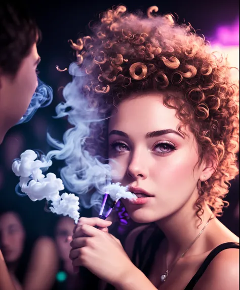 Photorealistic image of a fair girl with curly hairs big almond eyes puffing out smoke in a club surrounded by people, close up, bokeh, red and violet neon light, cinematic professional shot