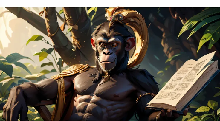 Crie uma imagem de um jovem, skinny chimpanzee called Monkey King. is holding a book. Imagem para a capa de um livro. no estilo dos simios do filme Planeta dos Macacos