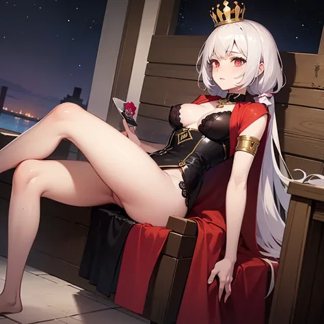 ((1 woman with penis, erect penis)),((with a cape on the back, with crown))),((medium breasts, bare breasts, erect breasts, grasping breasts)),((white ponytailed hair )),((red eyes, calm face)),((sitting on a golden throne, sitting on his back, right leg o...