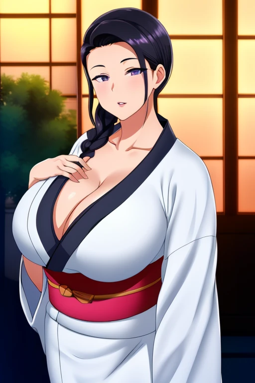 (Night:1.7), Japan, Tokyo, CityView, Before Window, Standing at attention, (White_kimono:1.3),cleavage, black_hair, long_hair, hair_pulled_back,parted_lips,purple_eyes, braid, 1 girl, 24yo,mature female,Beautiful Finger,Beautiful long legs,Beautiful body,B...