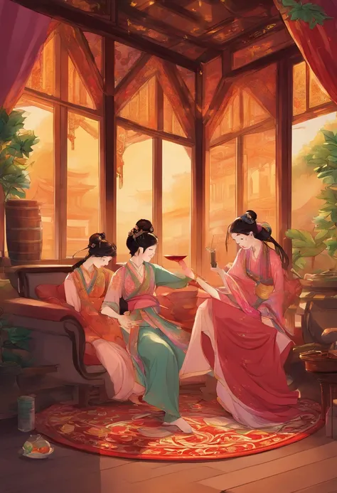 Man enters a brothel，brightly lit interior，The sound of the piano is beautiful。The graceful dancers wear gorgeous dance skirts，Dance to the rhythm of the music。There are literati sitting aside in the room，Tea tasting and poetry discussion，Exchange ideas an...