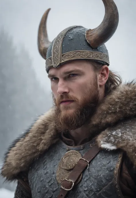 Envision an epic scene featuring a viking-inspired man adorned in highly detailed armor crafted from dragon bones, standing in a dark and foggy landscape with snow blowing behind him. Zoom in on micro-details, capturing the intricacies of his warpaint, arm...