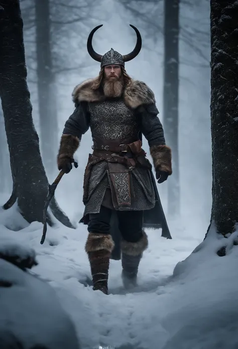 Envision an epic scene featuring a viking-inspired man adorned in highly detailed armor crafted from dragon bones, standing in a dark and foggy landscape with snow blowing behind him. Zoom in on micro-details, capturing the intricacies of his warpaint, arm...