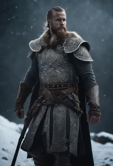 Envision an epic scene featuring a viking-inspired man adorned in highly detailed armor crafted from dragon bones, standing in a dark and foggy landscape with snow blowing behind him. Zoom in on micro-details, capturing the intricacies of his warpaint, arm...