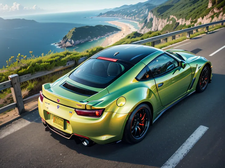 超A high resolution、An ultra-high picture quality、8K、Detailed details、marvelous expression、early summer coastline、Beautiful fresh greenery and lapping waves、A blue sports car runs gracefully on the mountain pass road along the coast......、((nissan fairladyＺ...