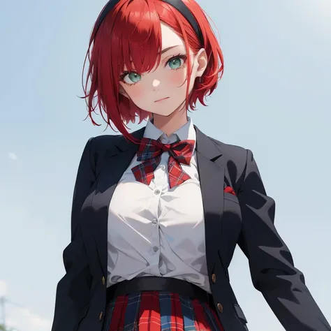 Teenage girl with red short bob, green eyes and big breasts.,Hair band on the head,Black Blazer School Uniform,Light blue bow tie on the chest,Red plaid skirt,The background is only a blue sky