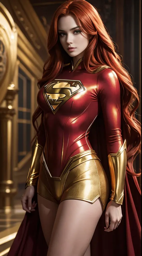 A beautiful woman with long red hair wearing a golden Superman outfit