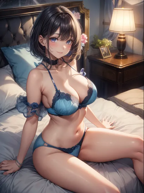 top-quality、Full limbs、complete fingers、1girl in、((one beautiful women、独奏))、Woman with dark hair、short-hair、busty lady、A big smile、Naughty Poses、Light blue bra、Light blue lace panties、A woman sleeping in bed with her head on a fluffy pillow、Tower Mansion、L...