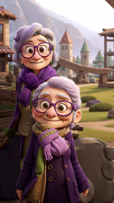 masterpiece, best quality, an old woman with glasses and a scarf on, wearing a purple coat and green scarf, standing at the park