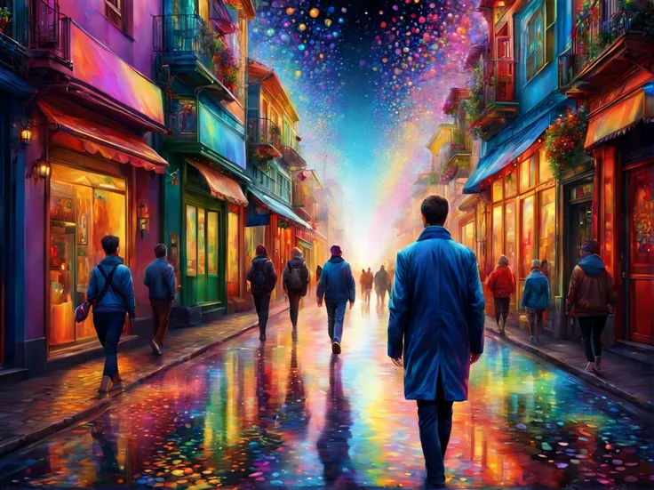 portrait, full body, walking down the street, art by (Akrokan), mesmerizing digital painting, vivid colors, elaborate, breathtaking, chromatic nanotechnology, magnificent, iridescent particles, mesmerizing pattern of kaleidoscopic colors, nanotechnological...