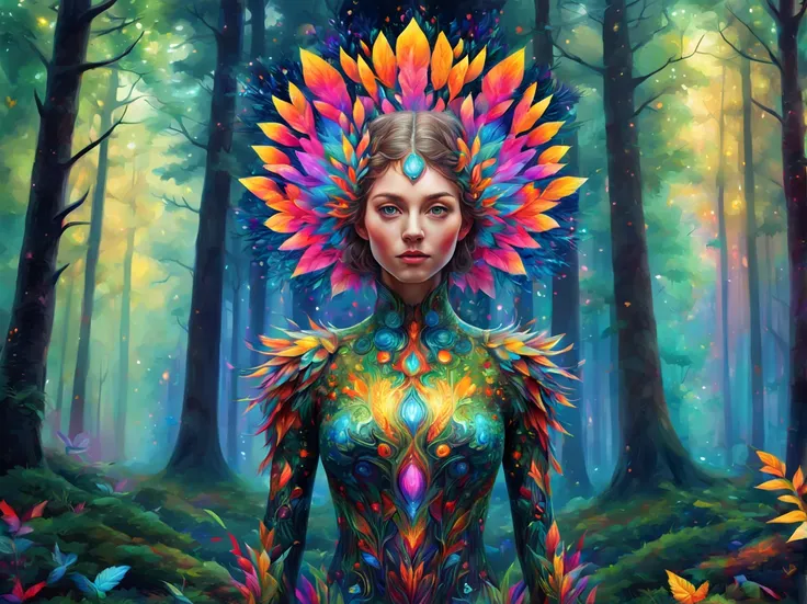 portrait, full body, forest, art by (Akrokan), mesmerizing digital painting, vivid colors, elaborate, breathtaking, chromatic nanotechnology, magnificent, iridescent particles, mesmerizing pattern of kaleidoscopic colors, nanotechnological display, vibrant...