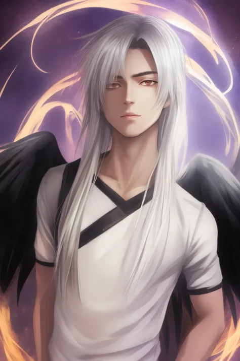 Anime young man with long silver hair and glowing white eyes with black wings and a godly appearance.