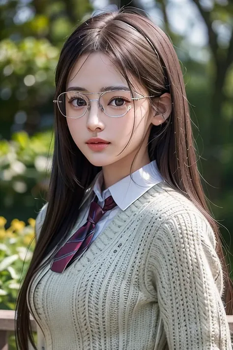 Photorealistic, masutepiece, Best Quality, Raw photo, 1girl in, Solo, Long hair, Brown hair, Detailed face, alluring face, Collared shirt, medium breasts, Dynamic Pose, (thin silver-rimmed glasses:1.2)、 Looking at Viewer, From below, Detailed background, f...