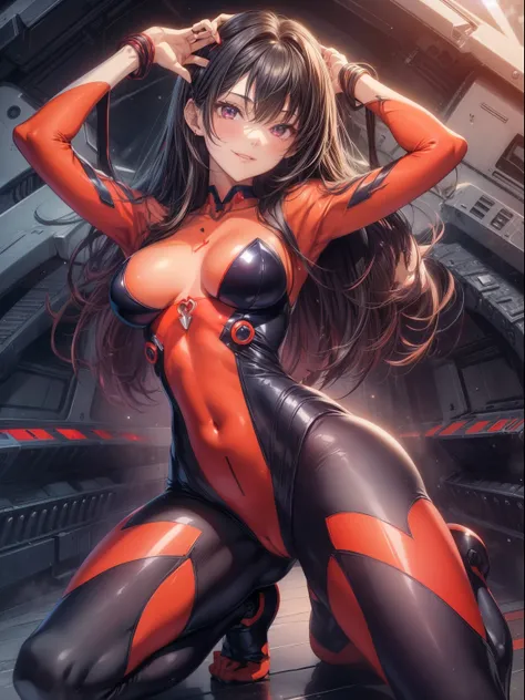 top-quality、Full limbs、complete fingers、1girl in、((one beautiful women、独奏))、Woman with dark hair、Medium hair、straight haired、busty lady、A big smile、Naughty Poses、Red Evangelion full body plug suit、Pilot Evangelion、cockpit