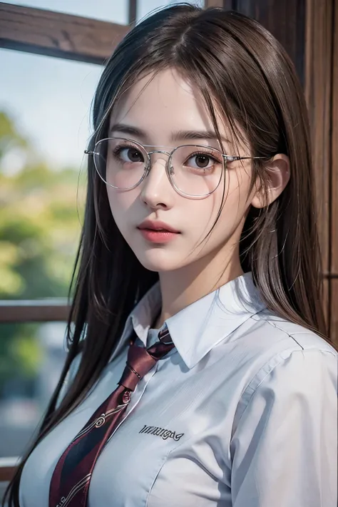 Photorealistic, masutepiece, Best Quality, Raw photo, 1girl in, Solo, Long hair, Brown hair, Detailed face, alluring face, Collared shirt, medium breasts, Dynamic Pose, (thin silver-rimmed glasses:1.2)、 Looking at Viewer, From below, Detailed background, f...