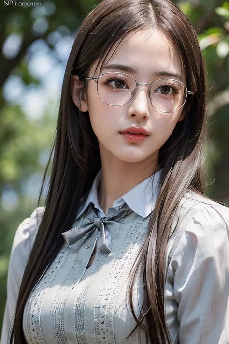 Photorealistic, masutepiece, Best Quality, Raw photo, 1girl in, Solo, Long hair, Brown hair, Detailed face, alluring face, Collared shirt, medium breasts, Dynamic Pose, (thin silver-rimmed glasses:1.2)、 Looking at Viewer, From below, Detailed background, f...