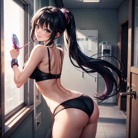 anime style, best possible quality, futuristic room woman of random ethnicity, just in panties and bra, her back, locked in the room dancing, doors and windows locked, led light, music player with playlist projected on the wall, she sings while holding a h...