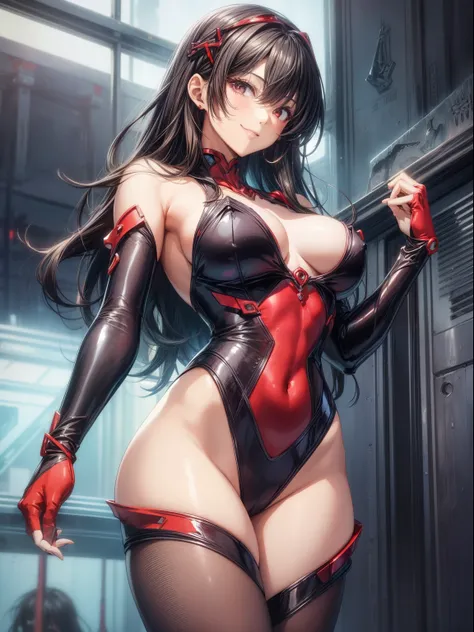 top-quality、Full limbs、complete fingers、1girl in、((one beautiful women、独奏))、Woman with dark hair、Medium hair、straight haired、busty lady、A big smile、Naughty Poses、Red Evangelion full body plug suit