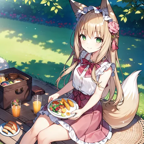 tmasterpiece, Best quality, A high resolution), 1 girl, Alone, Oversized fox tail，Long brown hair，Green-eyed，Small flower headdress, (13-year-old junior high school student)，modernn architecture，A MILF, Enchanted smile，On the lawn of a country park_sitting...