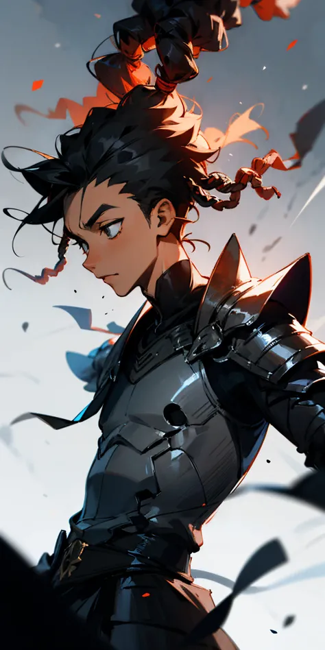 Anime black child boy with black dreads hair wears black colored light armor