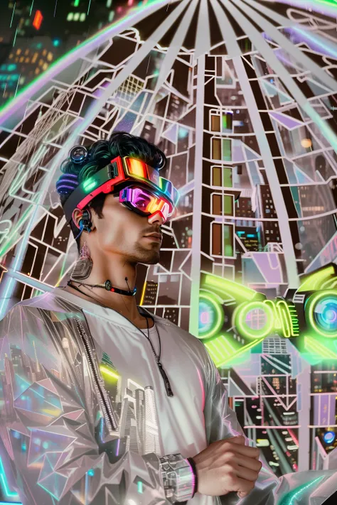 An award winning master piece photo of 2 cyborg man with psychedelic colors standing in a city street at night in the rain, wearing neon-colored glowing goggles, 8k, (high quality:1.1), (cinematic feeling:1.1), dark deep shadows, incredibly intricate detai...