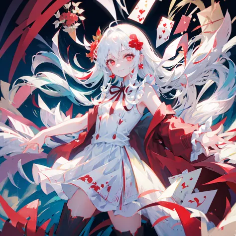 a pregirl，Wearing a white dress，long  white hair，Blood-red eyes，Weird and penetrating smile，There are flower cards floating around