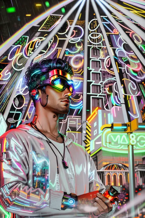 An award winning master piece photo of 2 cyborg man with psychedelic colors standing in a city street at night in the rain, wearing neon-colored glowing goggles, 8k, (high quality:1.1), (cinematic feeling:1.1), dark deep shadows, incredibly intricate detai...