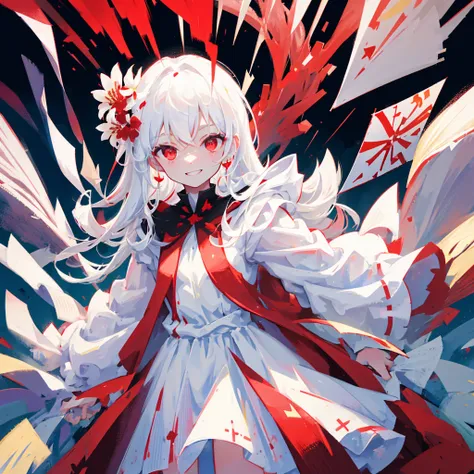 a pregirl，Wearing a white dress，long  white hair，Blood-red eyes，Weird and penetrating smile，There are flower cards floating around