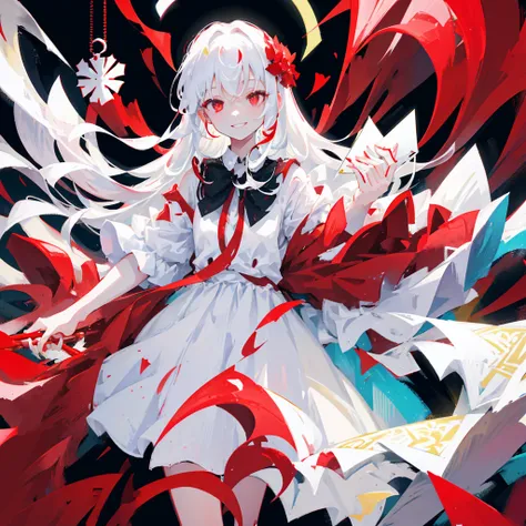 a pregirl，Wearing a white dress，long  white hair，Blood-red eyes，Weird and penetrating smile，There are flower cards floating around